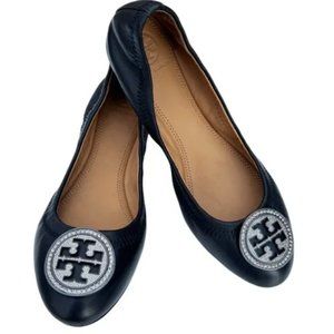 Tory Burch Liana Ballet Flats Black Napa Leather Silver Crystal Logo EUC Size 6